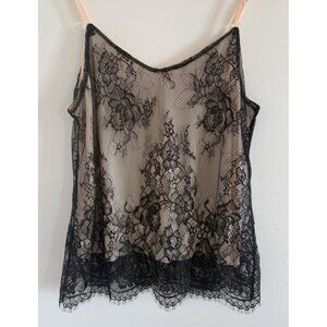 Stretch Lace Floral Black Overlay Beige Cami Top Womens XL Whimsigoth Witchy Y2K